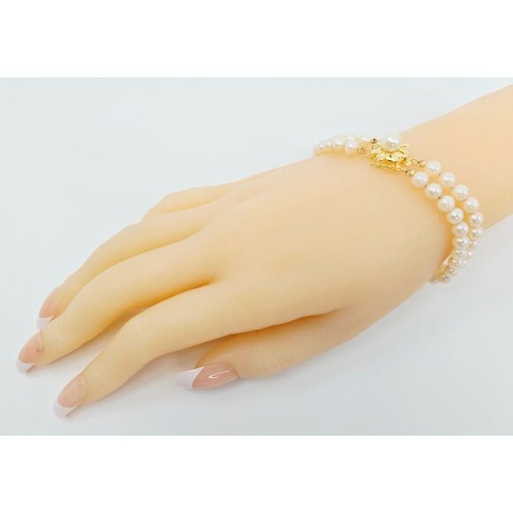 Unique 14K Karat Solid Yellow Gold Designer 2 Row Pearl Link Bracelet - 7.25" L - Picture 9 of 12